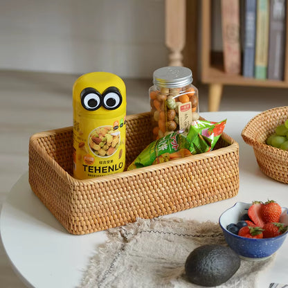Handwoven Basket Organizer Wicker Basket Rectangular Rattan Basket Storage Tray Bread Fruit Picnic Basket Cosmetic Storage Box
