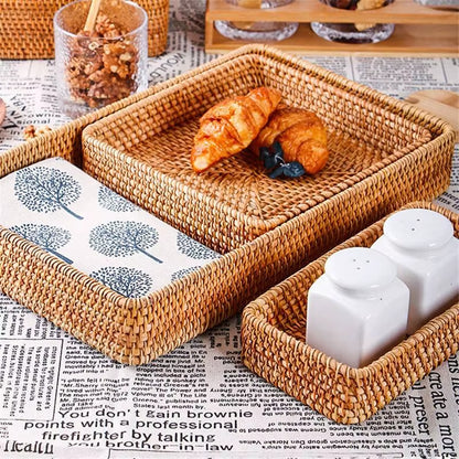 Hand-Woven Storage Basket Rattan Storage Tray Wicker Basket Bread Fruit Food Breakfast Picnic Basket Kitchen Storage Basket