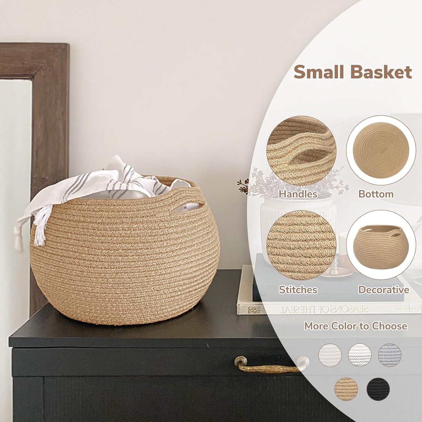 Goodpick Wicker Storage Basket for Living Room, Small round Woven Basket for Toy