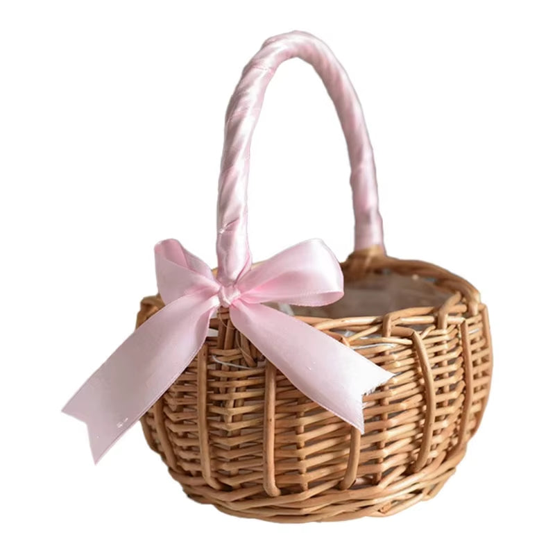 Hand-Woven Wedding Flower Basket with Handle Wicker Sundries Basket Wedding Flower Girls Basket for Home Picnic Storage Basket