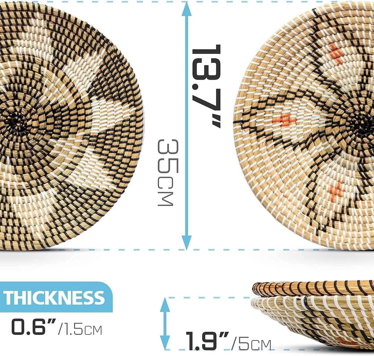 Handmade Woven Basket Wall Decor - Rattan Hanging round Baskets Boho Flat (Set 2 B and F)