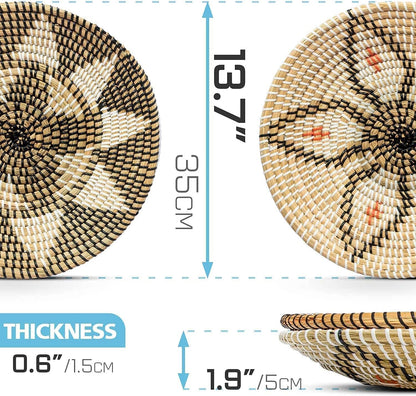 Handmade Woven Basket Wall Decor - Rattan Hanging round Baskets Boho Flat (Set 2 B and F)