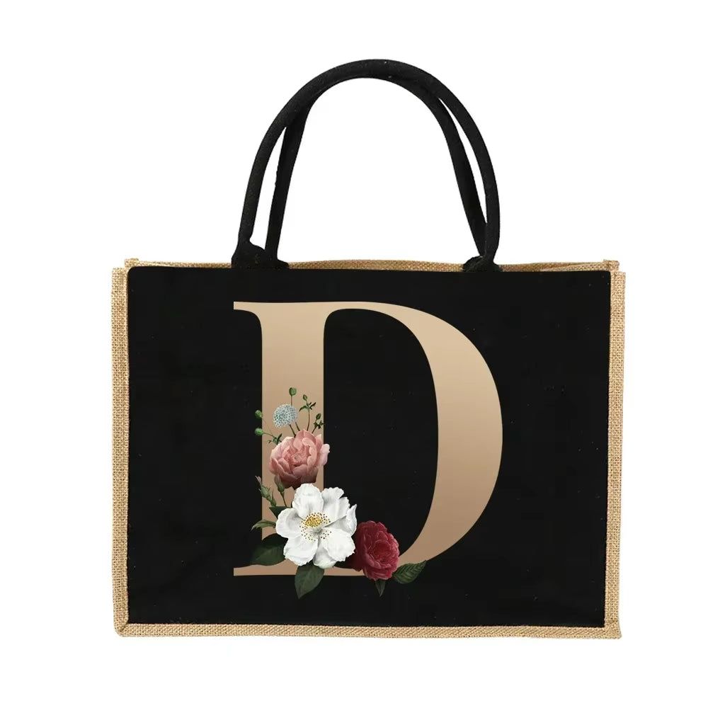 Jute Handbag Shoulder Bag Gold Letters Sacks Jute Imitation Bags Women Shopping Pouch Designer Laminated Bags Dark
