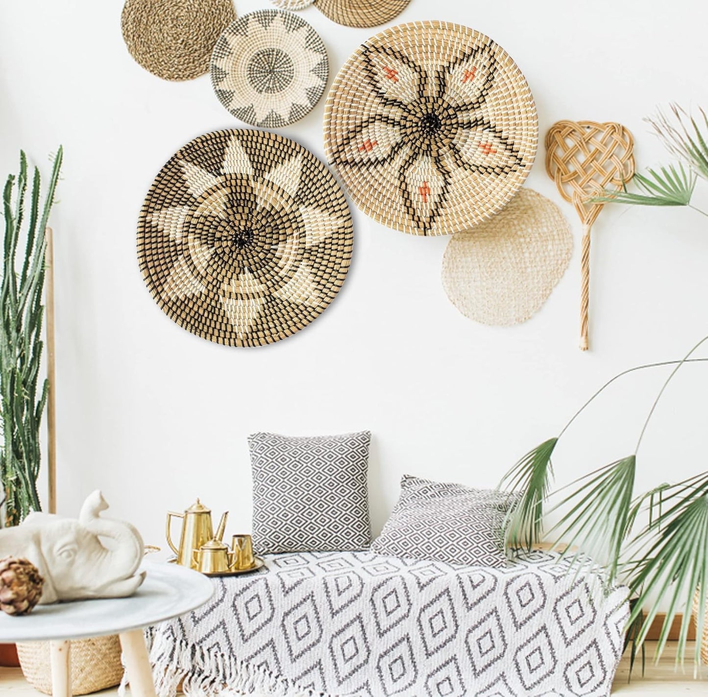 Handmade Woven Basket Wall Decor - Rattan Hanging round Baskets Boho Flat (Set 2 B and F)