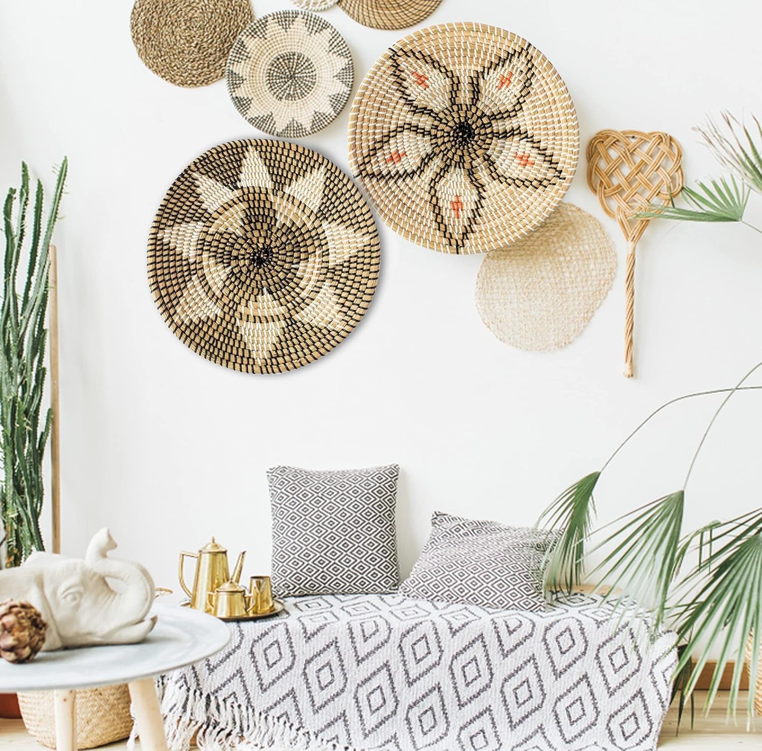 Handmade Woven Basket Wall Decor - Rattan Hanging round Baskets Boho Flat (Set 2 B and F)