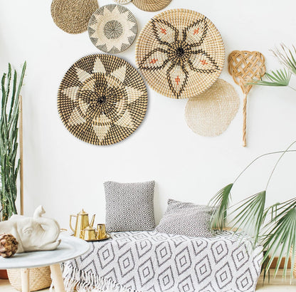 Handmade Woven Basket Wall Decor - Rattan Hanging round Baskets Boho Flat (Set 2 B and F)
