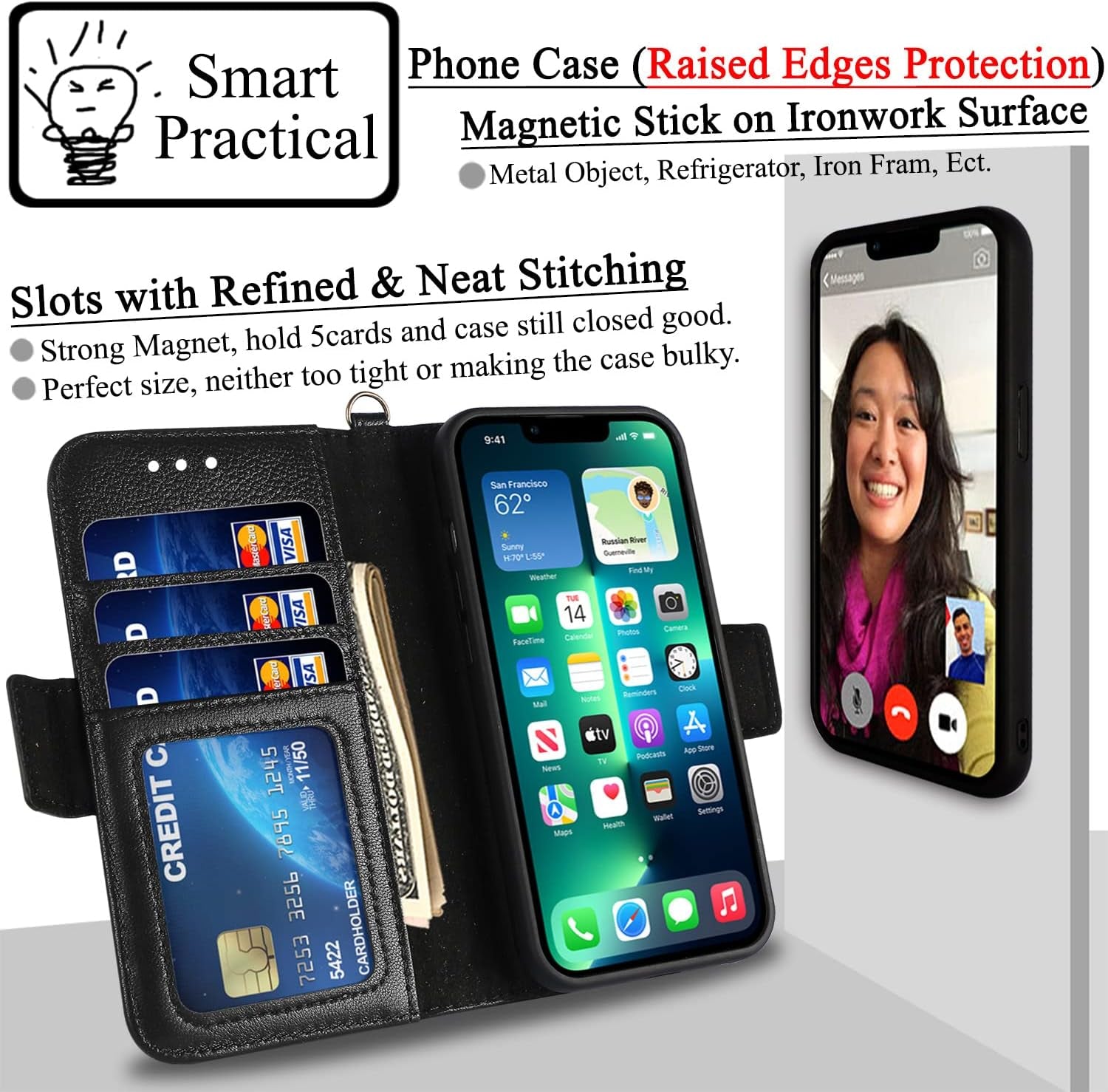 Genuine Leather Wallet Case for Iphone 13 Pro Max, Wireless Charging Compatible, RFID Card Protection, Magnetic Detachable, Luxury Flip Folio Phone Cases Cover, Tempered Glass Included (Black)