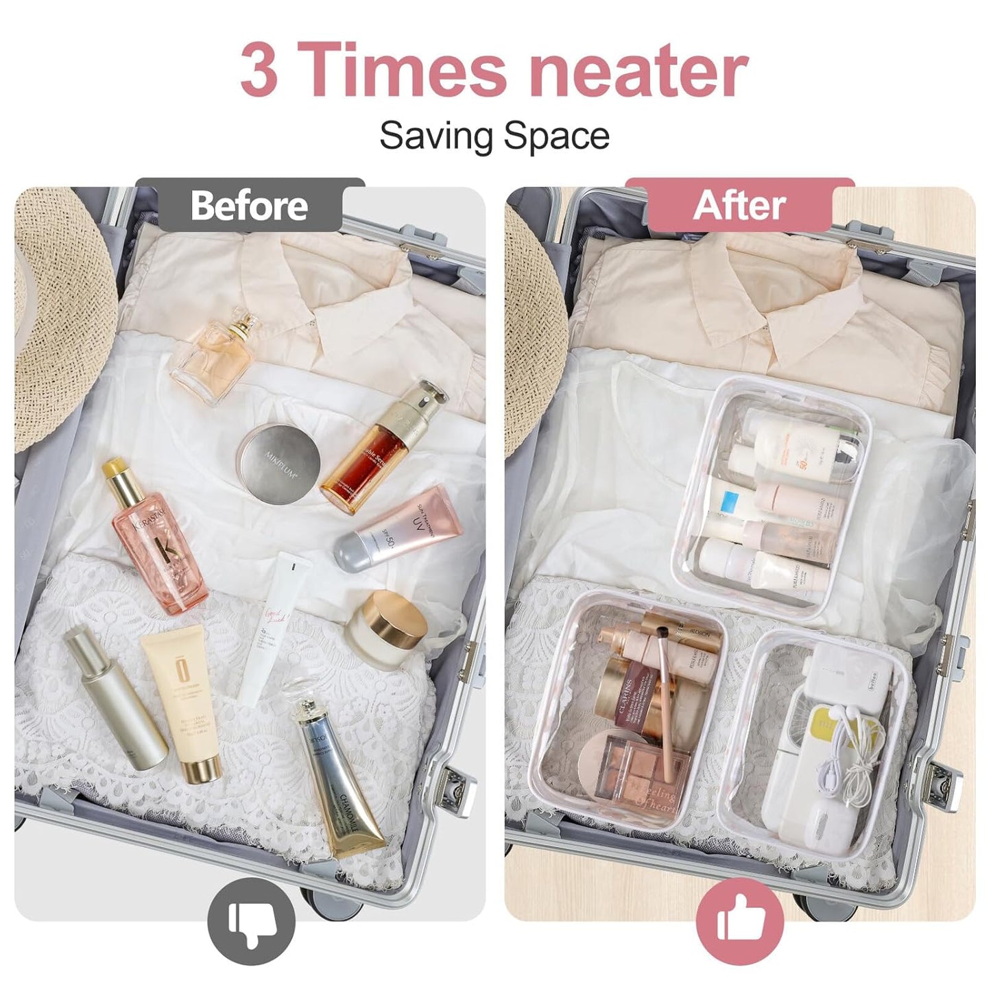 TSA Approved Toiletry Bag, 3 Pack Clear Makeup Bag, Travel Makeup Cosmetic Pouch for Women, Carry on Airport Airline Compliant Bag, White (For Age 12 or Above)