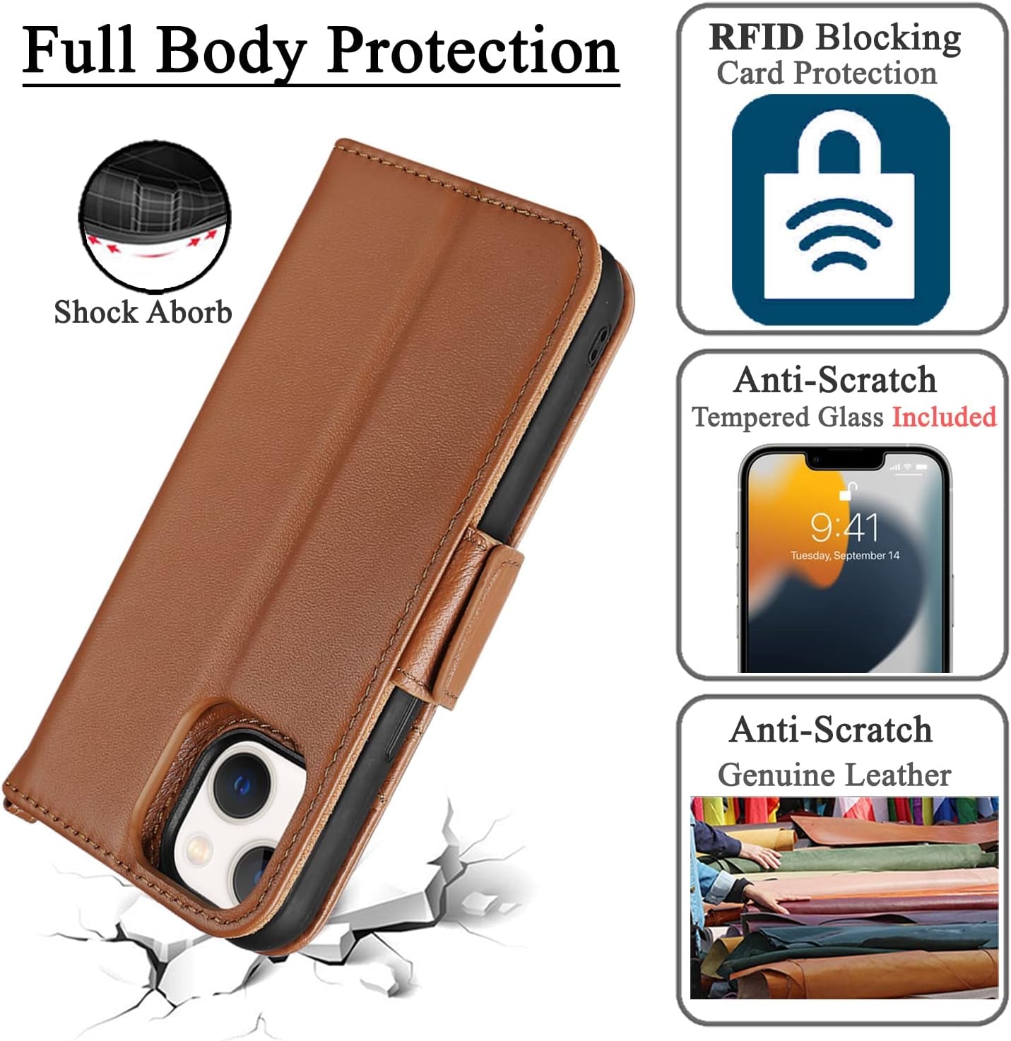 Genuine Leather Folio Wallet Case for Iphone 13 Mini 5G, Wireless Charging Compatible, RFID Card Protection, Magnetic Detachable, Luxury Flip Phone Cases Cover, Tempered Glass Included (Brown)