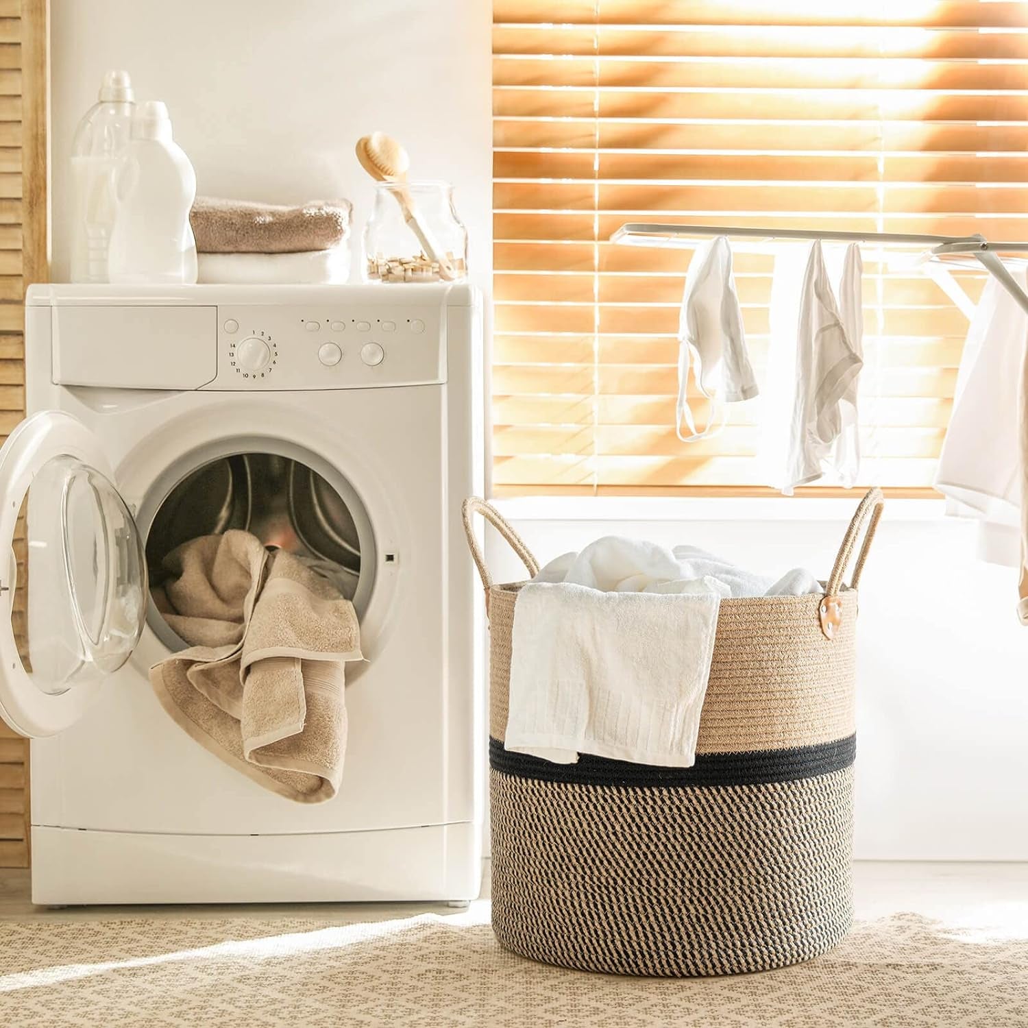 Extra Large Jute Woven Storage Basket with Handles – Laundry Basket Toy Towels Blanket Basket Home Decor Gift, 16" X 16", Black