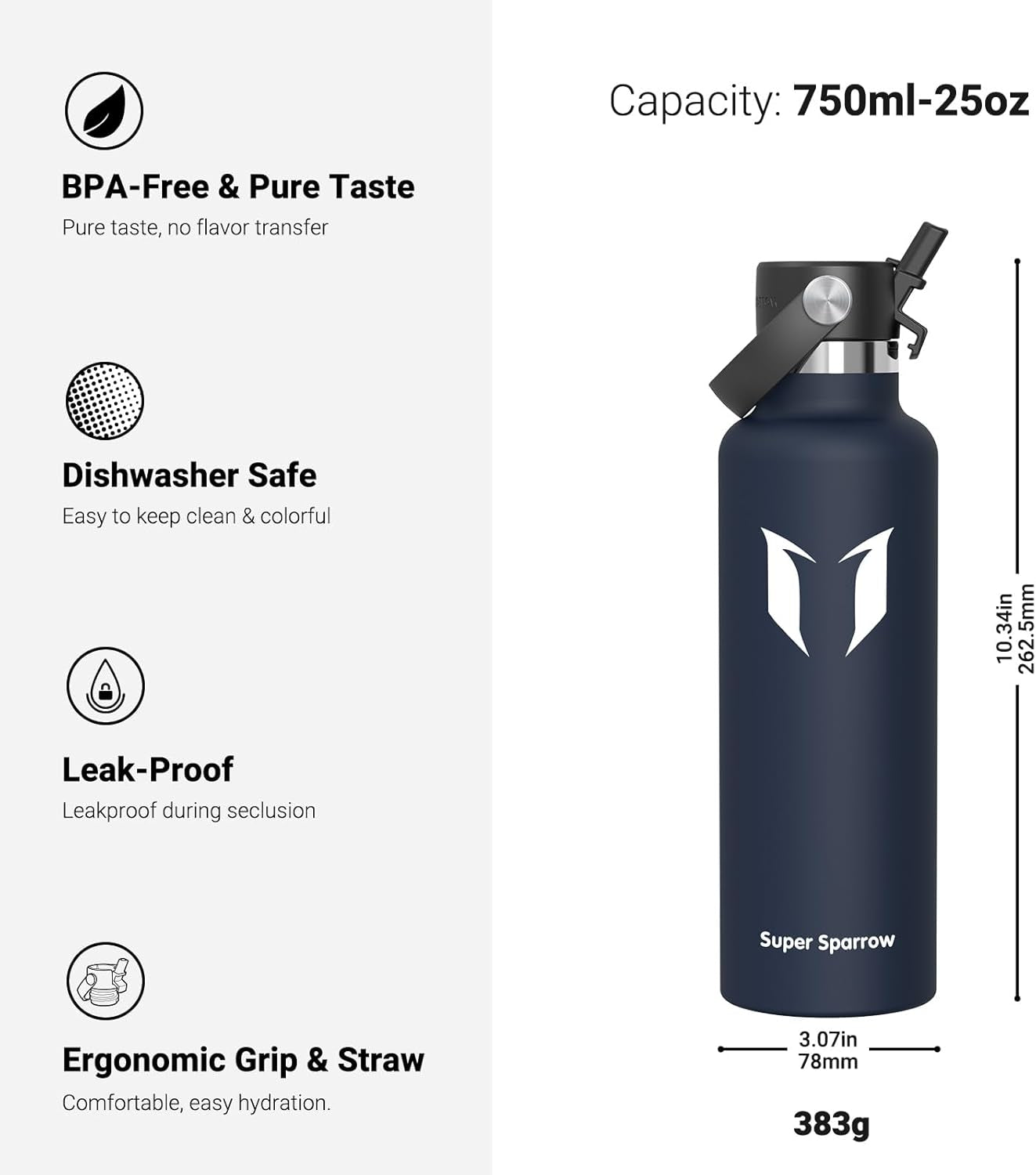 Insulated Water Bottle - 17 Oz / 25 Oz / 32 Oz - Standard Mouth Flipflow Flask - BPA Free, Leak Proof Drink Bottle- Ergonomic Straw Water Bottles for Work, Gym, Travel, Sports