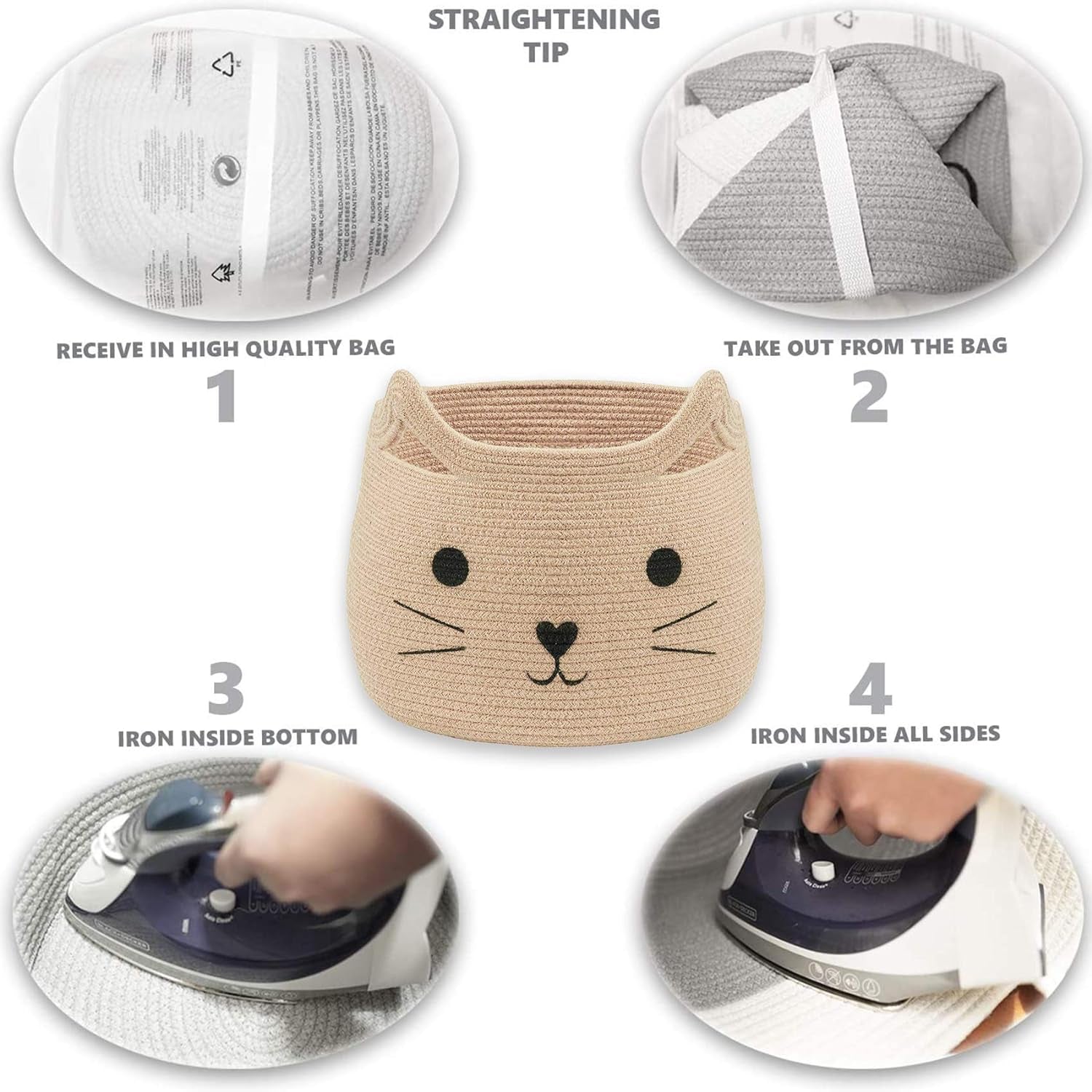 Animal Baskets Large Woven Cotton Rope Storage with Cute Cat Design Laundry Organizer for Towels, Blanket, Toys, Clothes, Gifts – Cat Toy Box Pet or Baby Gift Baskets 15"Lx14H"