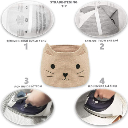 Animal Baskets Large Woven Cotton Rope Storage with Cute Cat Design Laundry Organizer for Towels, Blanket, Toys, Clothes, Gifts – Cat Toy Box Pet or Baby Gift Baskets 15"Lx14H"