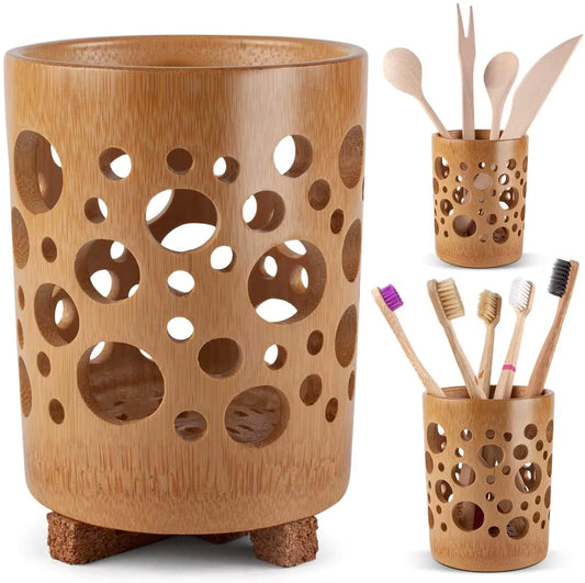 Bamboo toothbrush holder cup with decorative ventilation holes