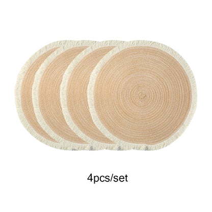 4Pcs/Set Hot Selling Fringe Eco-Friendly Household Non-Slip Morden Style Table Woven Placemats Polyester round Mat
