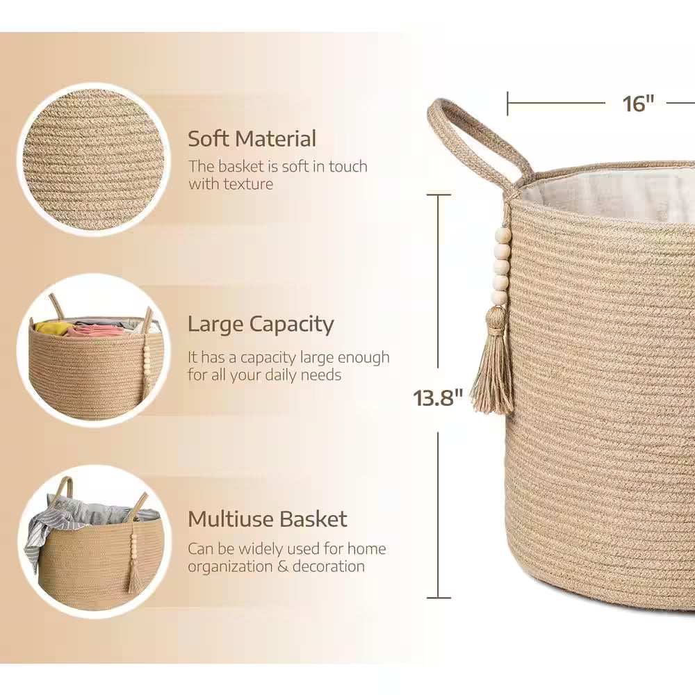 Woven Storage Basket Decorative Natural Rope Wooden Bead for Blanket & Toys Organizer Bin with Handles, Brown