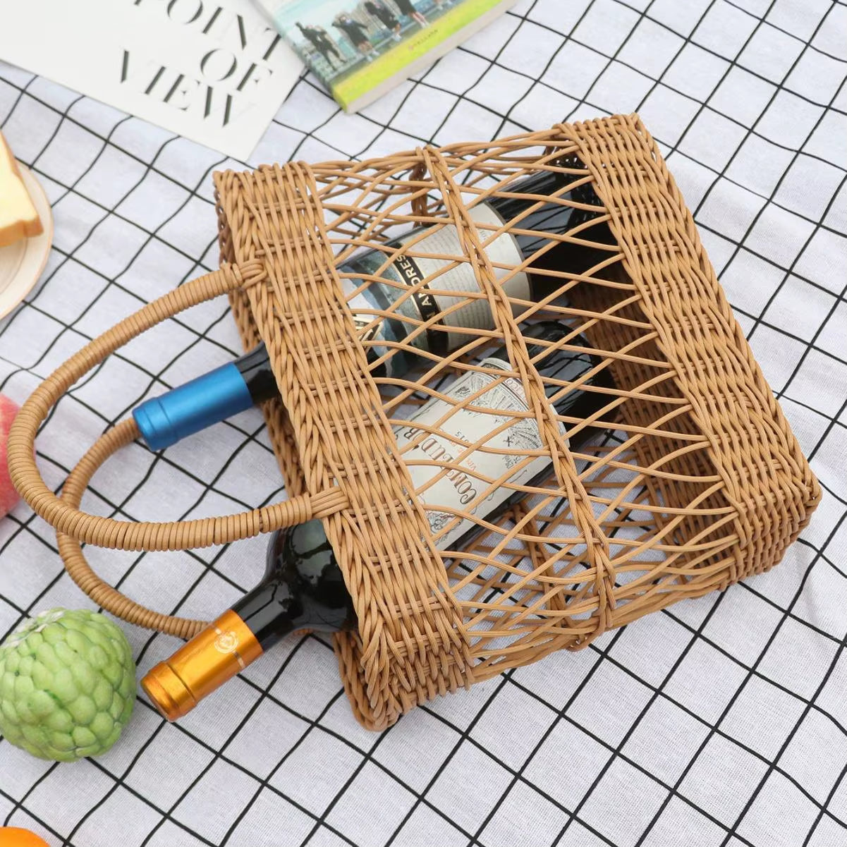 Woven Picnic Basket Large Capacity Fashionable Handmade Shopping Basket Portable Rattan Basket for Camping Picnic BBQ Fishing