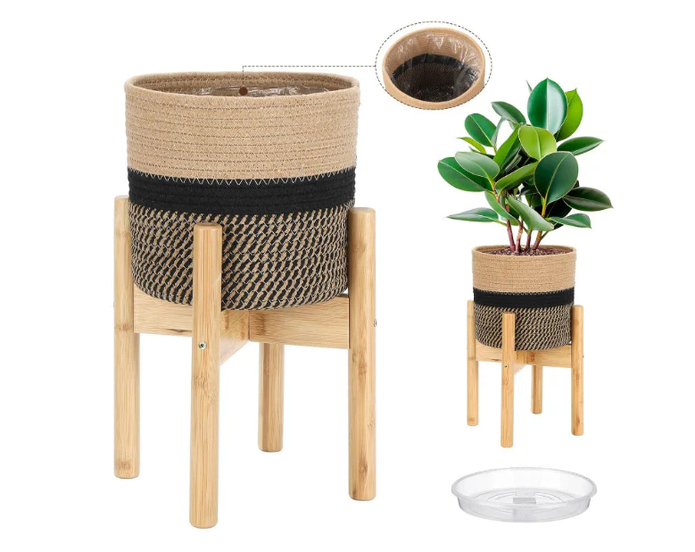 Plant Basket with Stand Indoor Planter Pot Holder Sturdy Jute Rope Modern Woven Basket, Cotton Rope Woven Pot with Bamboo Stand(7.87 Inch,Black and Beige Stripes)