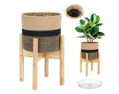 Plant Basket with Stand Indoor Planter Pot Holder Sturdy Jute Rope Modern Woven Basket, Cotton Rope Woven Pot with Bamboo Stand(7.87 Inch,Black and Beige Stripes)