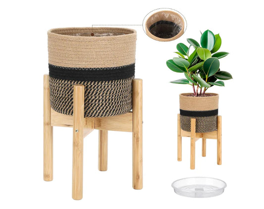 Plant Basket with Stand Indoor Planter Pot Holder Sturdy Jute Rope Modern Woven Basket, Cotton Rope Woven Pot with Bamboo Stand(7.87 Inch,Black and Beige Stripes)