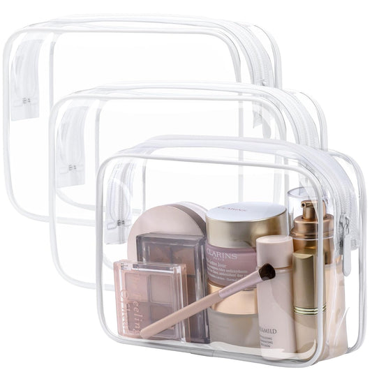 TSA Approved Toiletry Bag, 3 Pack Clear Makeup Bag, Travel Makeup Cosmetic Pouch for Women, Carry on Airport Airline Compliant Bag, White (For Age 12 or Above)