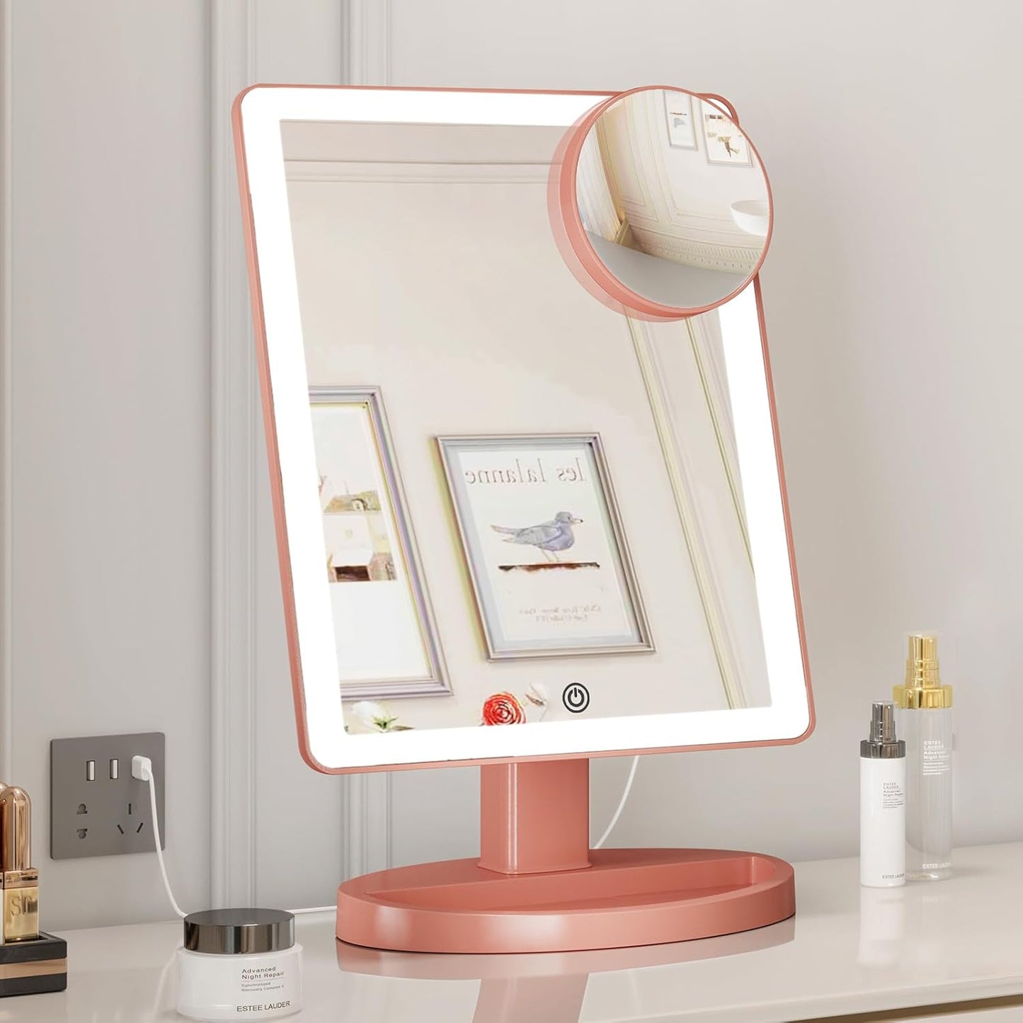 Large Lighted Vanity Makeup Mirror, 14.56 in X 8.97 In, 88 LED, 360 Rotation Touch Screen, 10X Magnification Tabletop Cosmetic Make up Mirror, Rose Gold