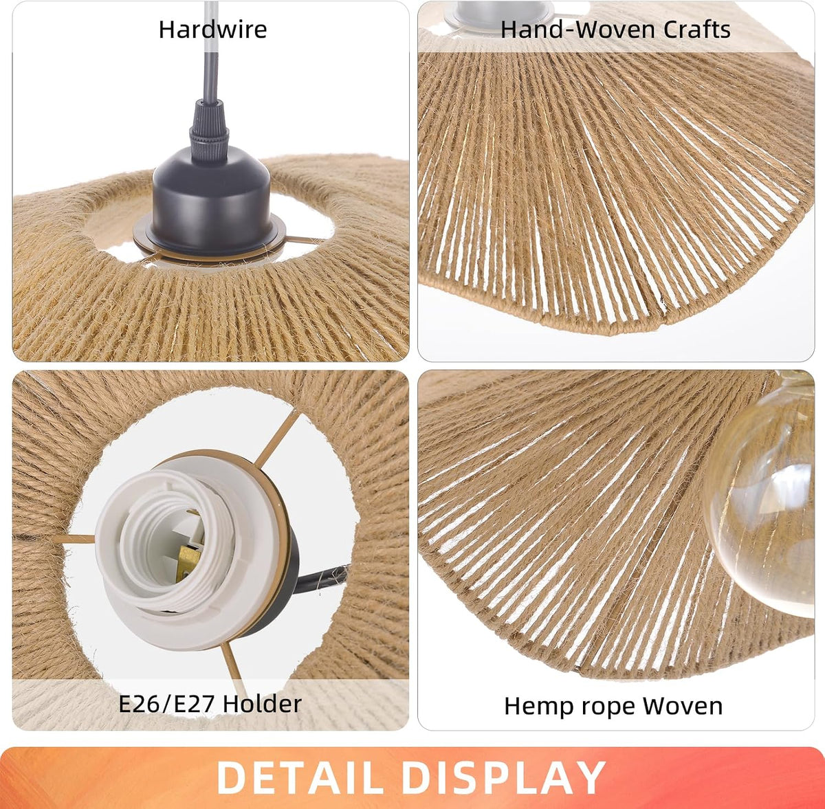 25.5" Boho Twine Pendant Lamp Shade,Large Woven Hanging Lighting for Living Room Bedroom Adjustable Modern Chandelier for Kitchen Hallway