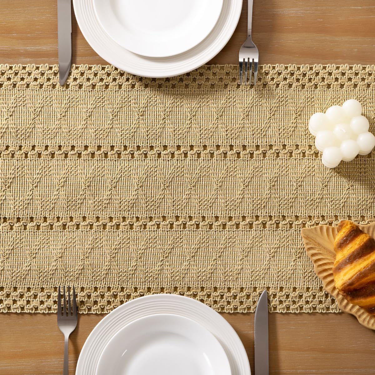 Champagne boho cotton table runner with macrame fringe, view 5