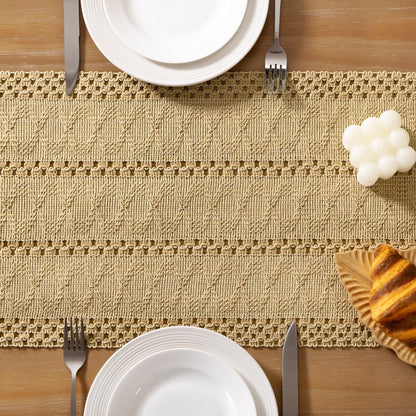 Champagne boho cotton table runner with macrame fringe, view 5