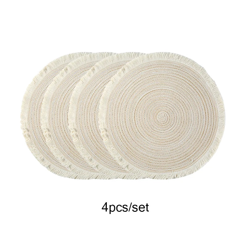 4Pcs/Set Hot Selling Fringe Eco-Friendly Household Non-Slip Morden Style Table Woven Placemats Polyester round Mat