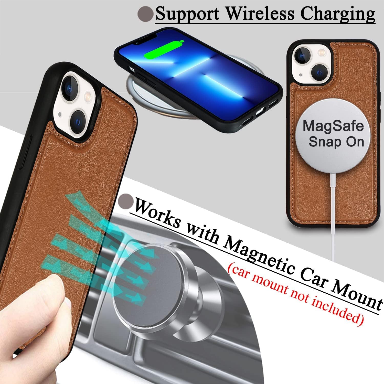 Genuine Leather Folio Wallet Case for Iphone 13 Mini 5G, Wireless Charging Compatible, RFID Card Protection, Magnetic Detachable, Luxury Flip Phone Cases Cover, Tempered Glass Included (Brown)