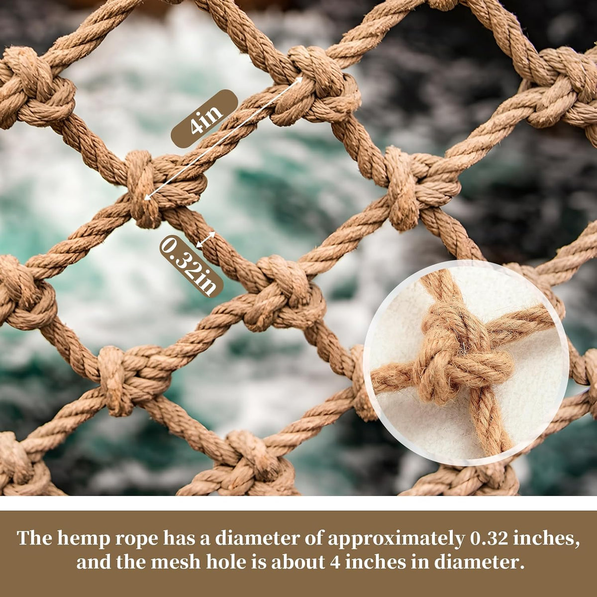 Jute Hemp Rope Net (3Ftx6Ft), Heavy Duty Natural Climbing Safety Rope Netting Balcony Stairs Fence Garden Playground Protection Net Indoor & Outdoor Decor Rope Net