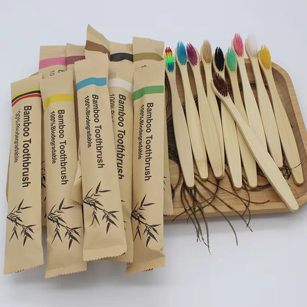 Bamboo toothbrushes with soft colored bristles, bulk pack