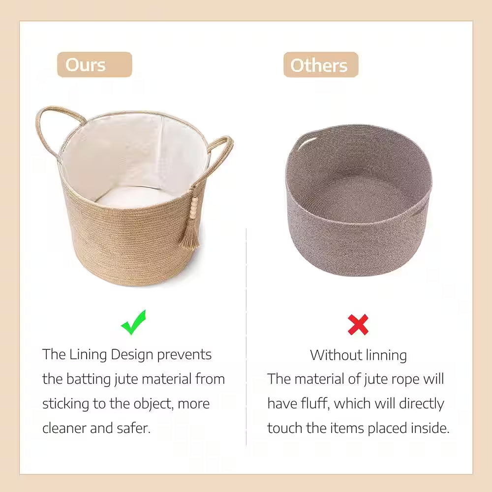 Woven Storage Basket Decorative Natural Rope Wooden Bead for Blanket & Toys Organizer Bin with Handles, Brown