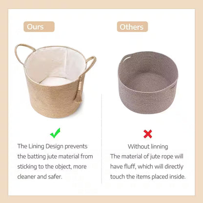 Woven Storage Basket Decorative Natural Rope Wooden Bead for Blanket & Toys Organizer Bin with Handles, Brown