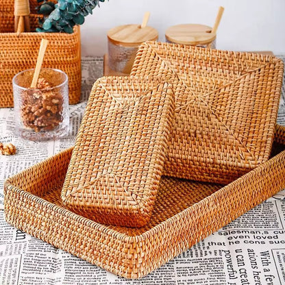 Hand-Woven Storage Basket Rattan Storage Tray Wicker Basket Bread Fruit Food Breakfast Picnic Basket Kitchen Storage Basket