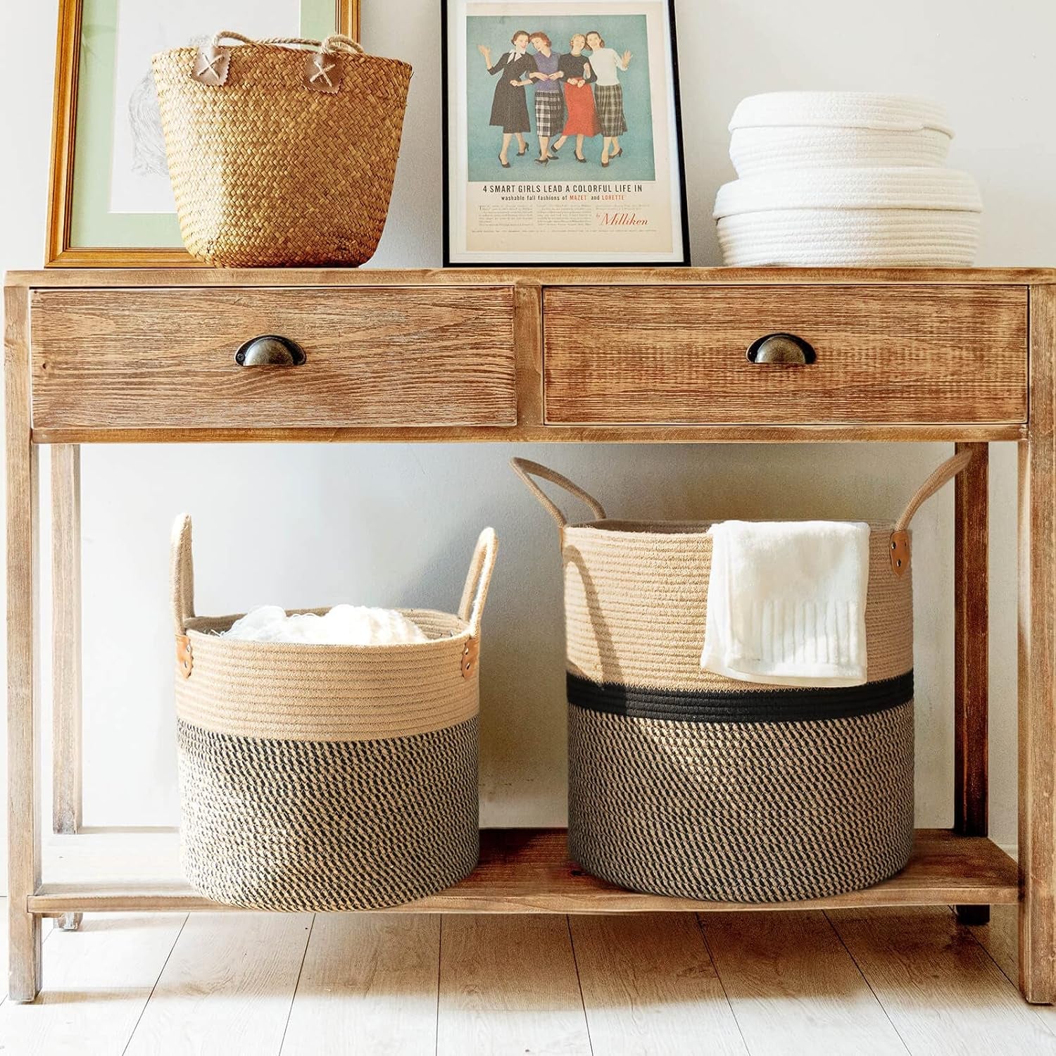 Extra Large Jute Woven Storage Basket with Handles – Laundry Basket Toy Towels Blanket Basket Home Decor Gift, 16" X 16", Black