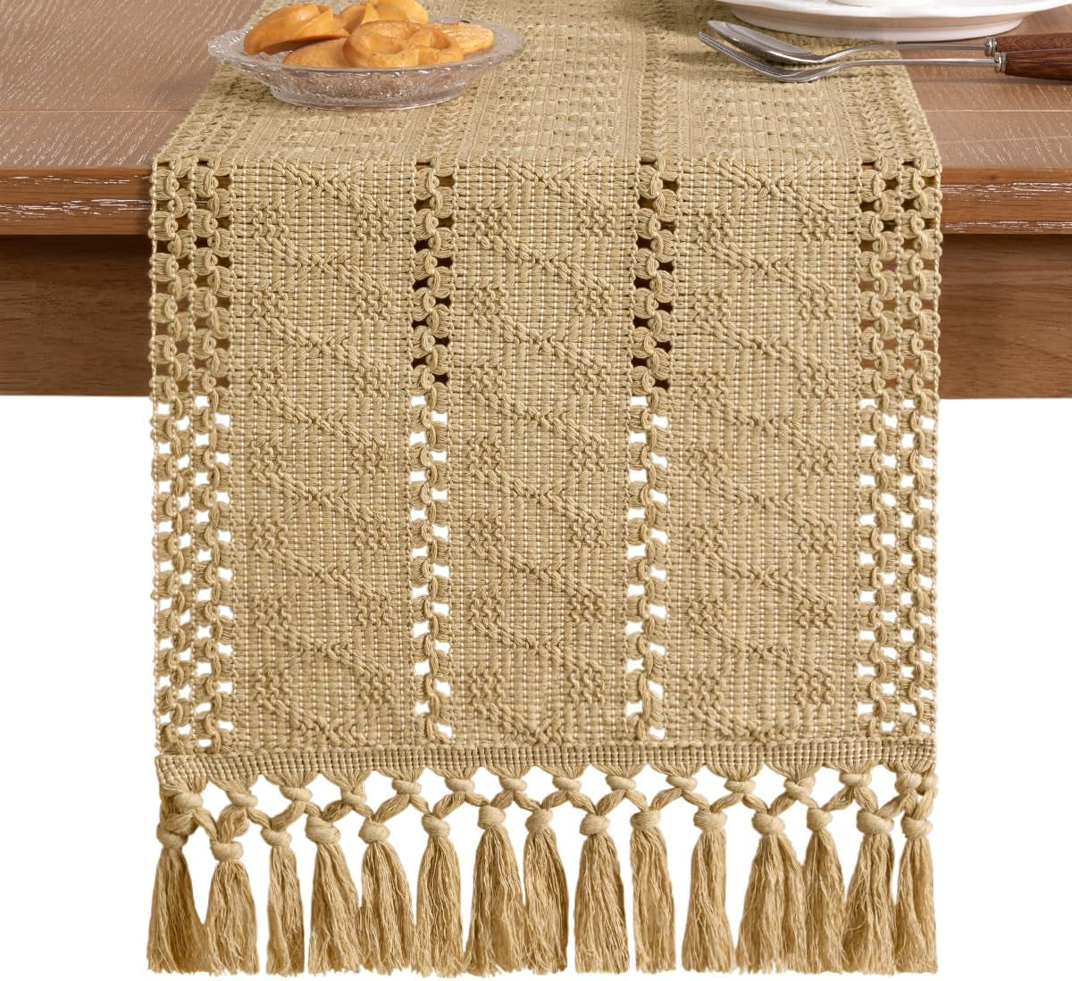 Champagne boho cotton table runner with macrame fringe, view 3