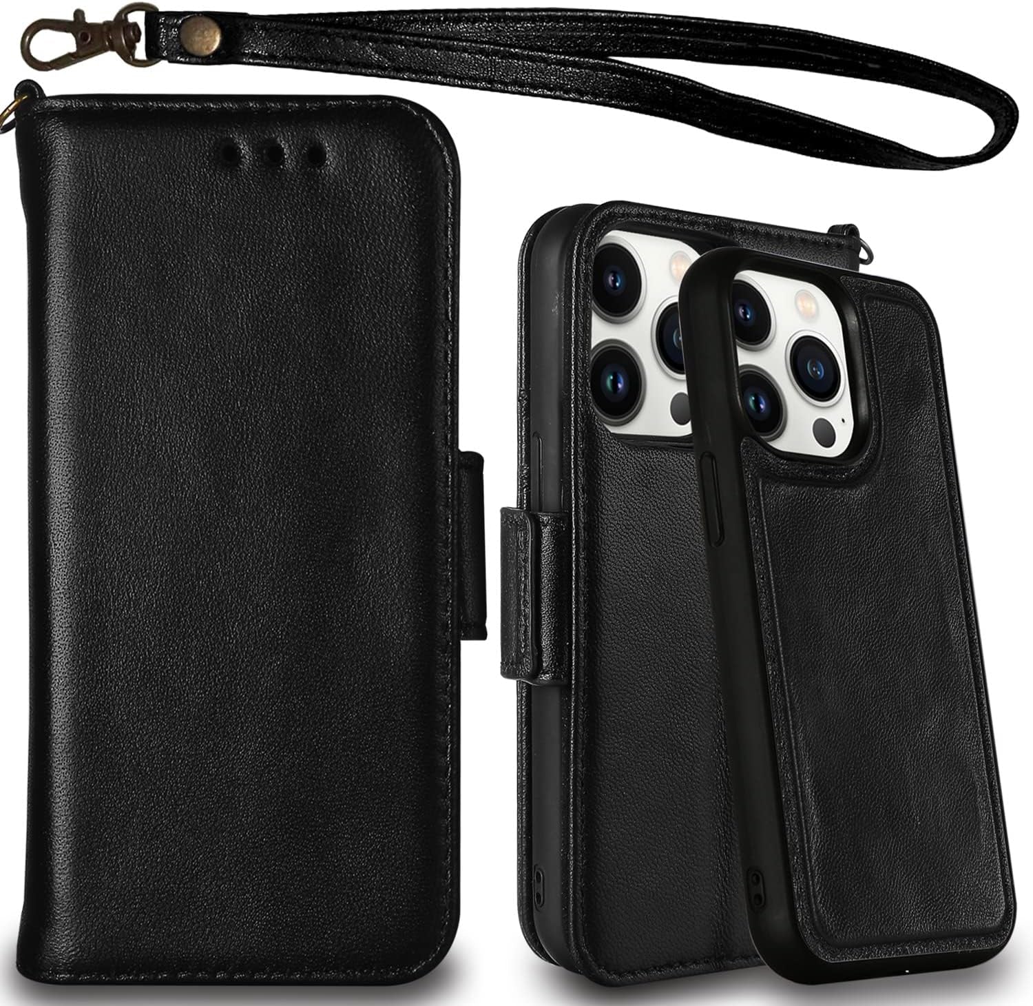 Genuine Leather Wallet Case for Iphone 13 Pro Max, Wireless Charging Compatible, RFID Card Protection, Magnetic Detachable, Luxury Flip Folio Phone Cases Cover, Tempered Glass Included (Black)