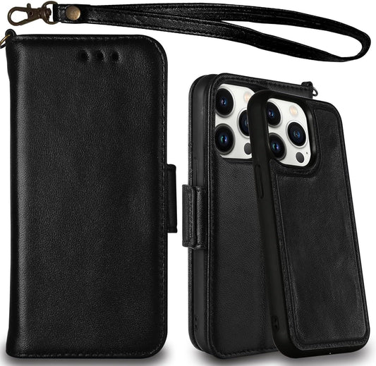 Genuine Leather Wallet Case for Iphone 13 Pro Max, Wireless Charging Compatible, RFID Card Protection, Magnetic Detachable, Luxury Flip Folio Phone Cases Cover, Tempered Glass Included (Black)