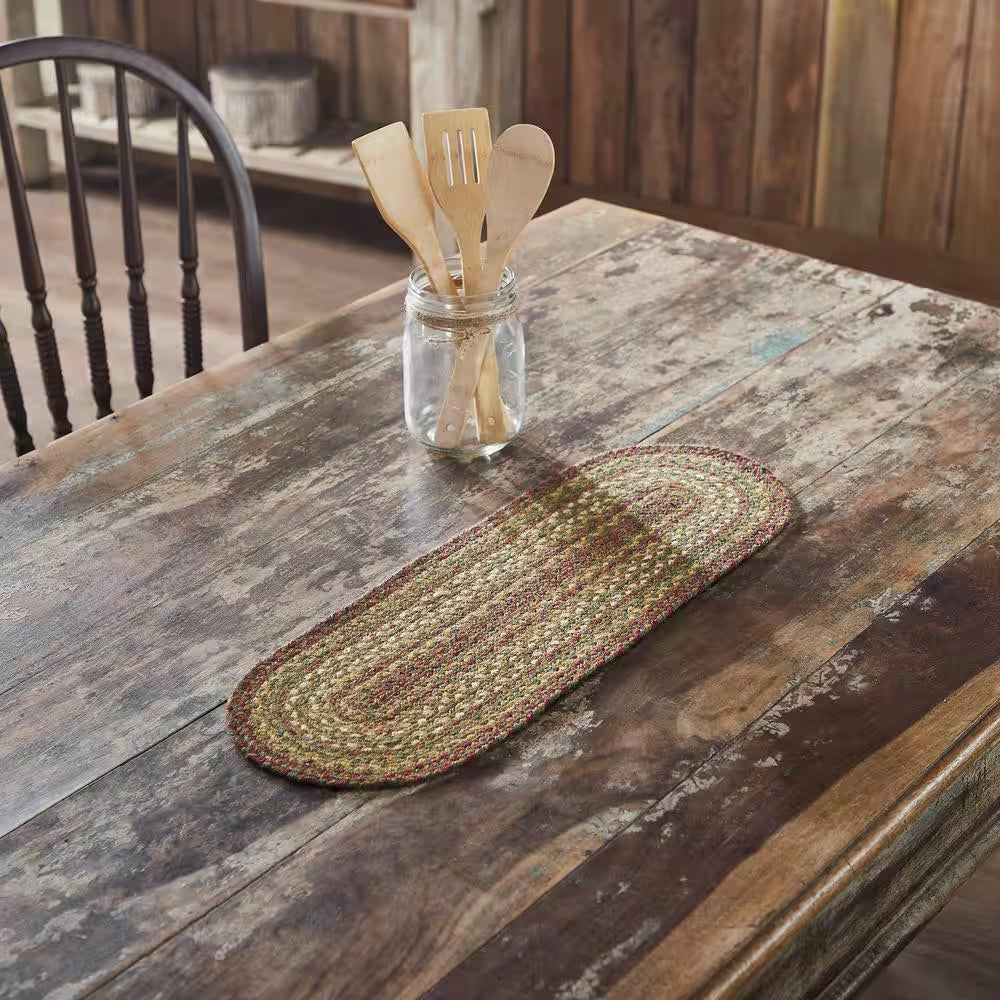 Tea Cabin 8 In. W X 24 In. L Moss Green Crimson Creme Geometric Jute Table Runner