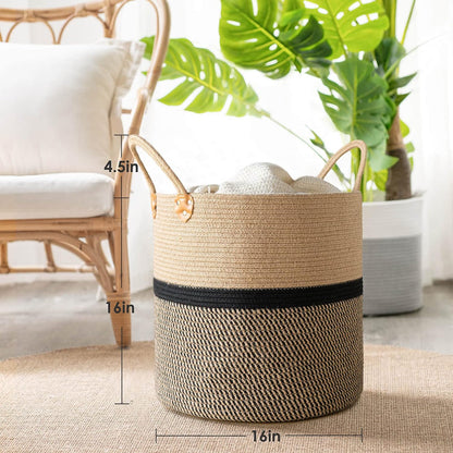Extra Large Jute Woven Storage Basket with Handles – Laundry Basket Toy Towels Blanket Basket Home Decor Gift, 16" X 16", Black