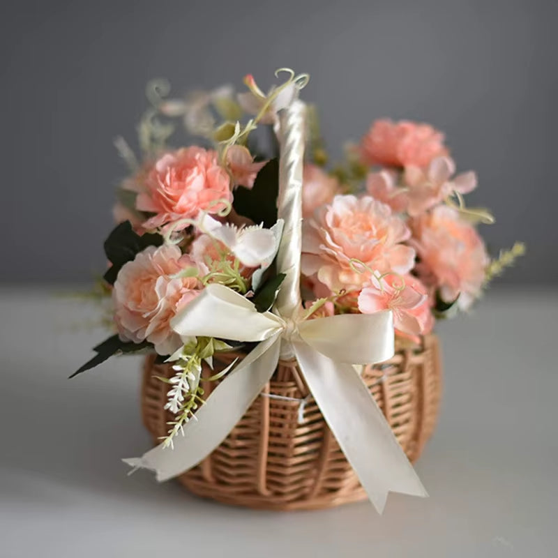 Hand-Woven Wedding Flower Basket with Handle Wicker Sundries Basket Wedding Flower Girls Basket for Home Picnic Storage Basket