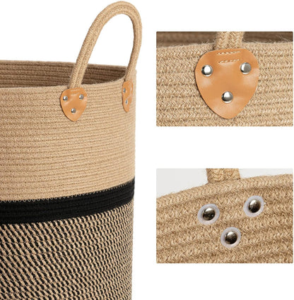 Extra Large Jute Woven Storage Basket with Handles – Laundry Basket Toy Towels Blanket Basket Home Decor Gift, 16" X 16", Black