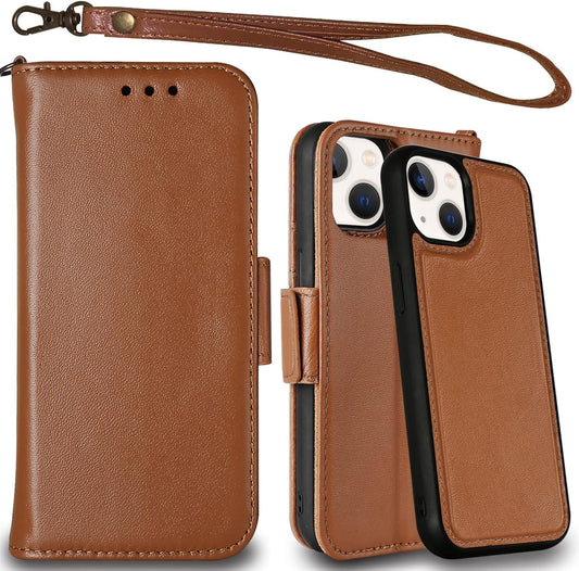 Genuine Leather Folio Wallet Case for Iphone 13 Mini 5G, Wireless Charging Compatible, RFID Card Protection, Magnetic Detachable, Luxury Flip Phone Cases Cover, Tempered Glass Included (Brown)