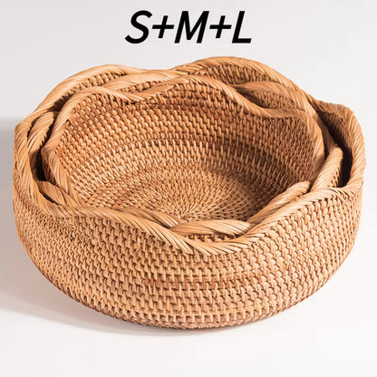 Hand-Woven Storage Basket Rattan Storage Tray Wicker Basket Bread Fruit Food Breakfast Picnic Basket Kitchen Storage Basket