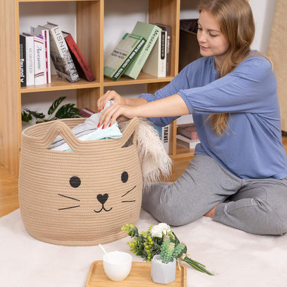 Animal Baskets Large Woven Cotton Rope Storage with Cute Cat Design Laundry Organizer for Towels, Blanket, Toys, Clothes, Gifts – Cat Toy Box Pet or Baby Gift Baskets 15"Lx14H"