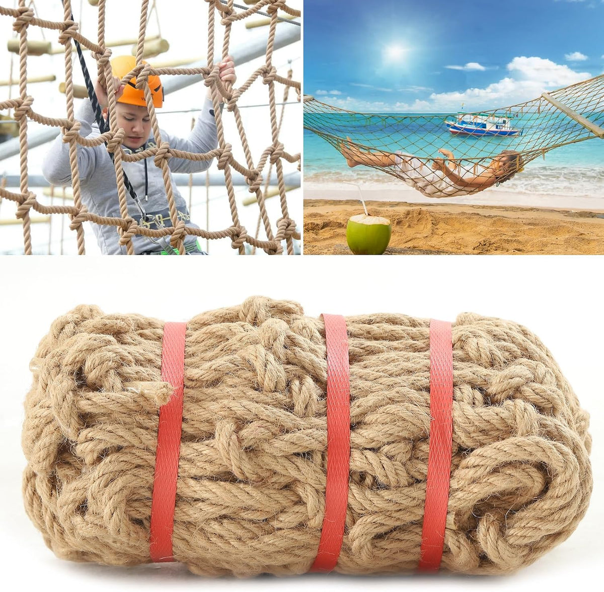 Jute Hemp Rope Net (3Ftx6Ft), Heavy Duty Natural Climbing Safety Rope Netting Balcony Stairs Fence Garden Playground Protection Net Indoor & Outdoor Decor Rope Net