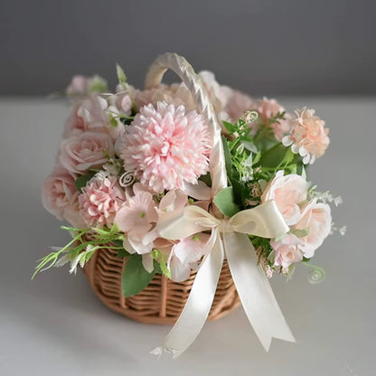 Hand-Woven Wedding Flower Basket with Handle Wicker Sundries Basket Wedding Flower Girls Basket for Home Picnic Storage Basket