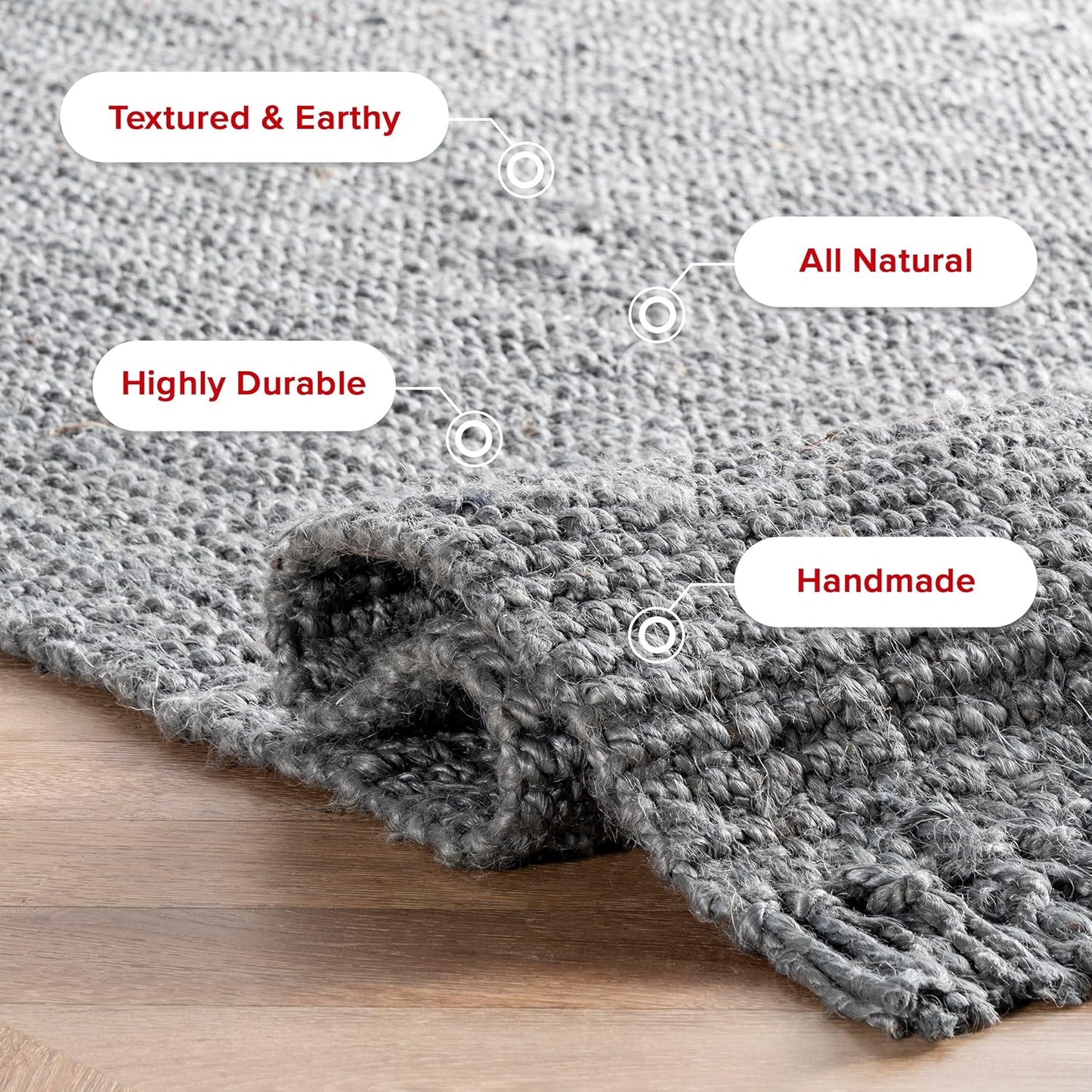 Daniela Grey, 6' X 9', Handmade, Jute, Tassel, Soft and Textured, High Traffic, Stain Resistant, Easy Clean, Durable Area Rug for Bedroom, Living Room, Dining Space, Foyer, Entryway